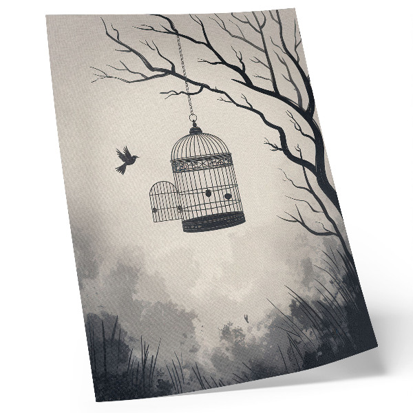 Póster con colores saturados Árbol con jaula para pájaros en blanco y negro, simplicidad.