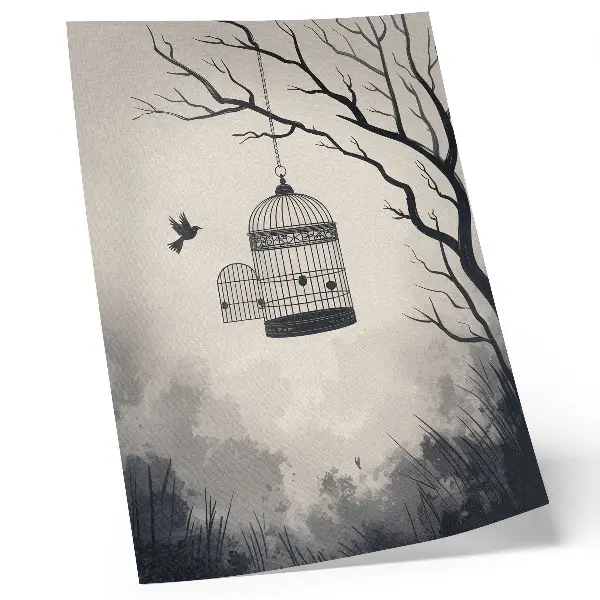 Póster de árbol con jaula para pájaros diseño en blanco y negro con colores saturados y estilo minimalista