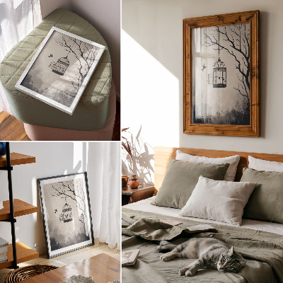 Póster con colores saturados Árbol con jaula para pájaros en blanco y negro, simplicidad.