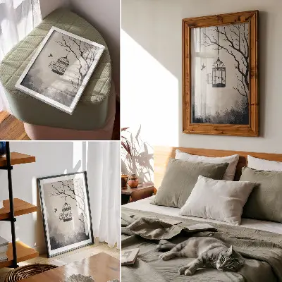 Póster de árbol con jaula para pájaros diseño en blanco y negro con colores saturados y estilo minimalista