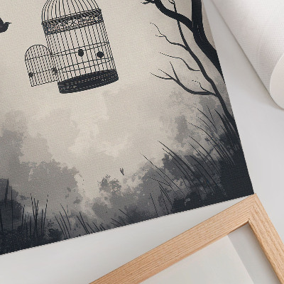 Póster con colores saturados Árbol con jaula para pájaros en blanco y negro, simplicidad.