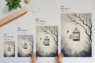 Póster con colores saturados Árbol con jaula para pájaros en blanco y negro, simplicidad.