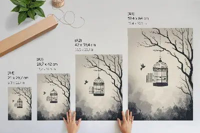 Póster de árbol con jaula para pájaros diseño en blanco y negro con colores saturados y estilo minimalista