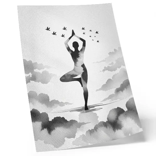 Lienzo decorativo moderno silueta en blanco y negro rodeada de nubes y pájaros