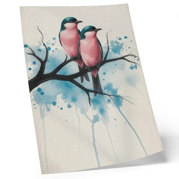 Lámina artística pareja de pájaros en una rama sobre fondo abstracto