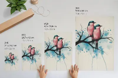 Lámina artística pareja de pájaros en una rama sobre fondo abstracto