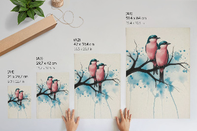Lámina artística de alta calidad Una pareja de pájaros en una rama con un fondo abstracto.