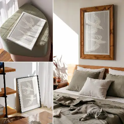 Lámina artística de alta calidad de pájaros sobre fondo gris con diseño armónico y simple