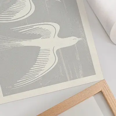Lámina artística de alta calidad de pájaros sobre fondo gris con diseño armónico y simple