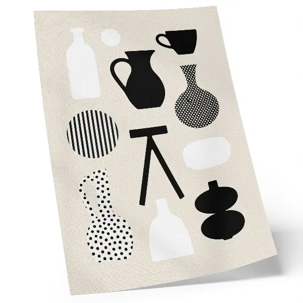 Póster de patrones geométricos con motivos en blanco y negro sobre fondo beige y colores saturados