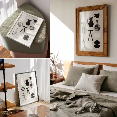 Póster de patrones geométricos con motivos en blanco y negro sobre fondo beige y colores saturados
