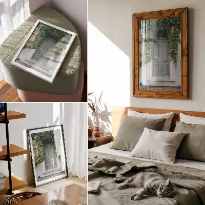Lienzo decorativo moderno vides verdes, puertas grises y composición armoniosa