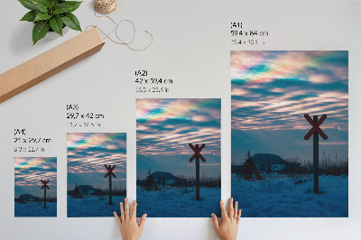 Póster Paisaje invernal atmosférico, nubes coloridas, letrero solitario