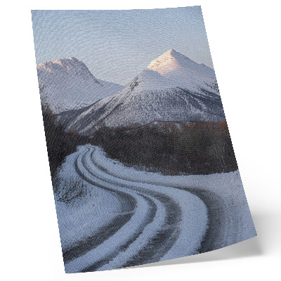 Póster Paisaje invernal, montañas, curvas de carretera, belleza