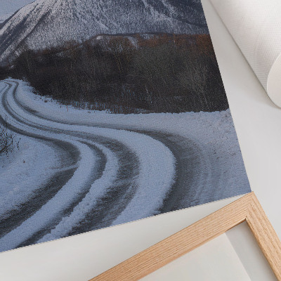 Póster Paisaje invernal, montañas, curvas de carretera, belleza