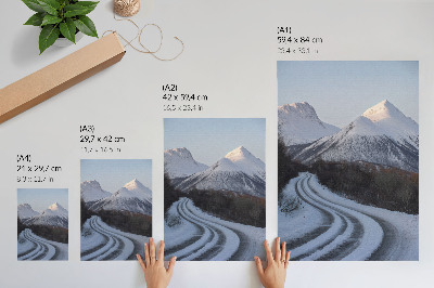 Póster Paisaje invernal, montañas, curvas de carretera, belleza