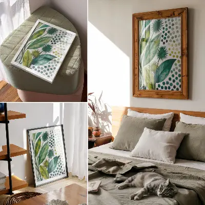 Póster con hojas verdes y diseño natural de estilo boho con colores saturados