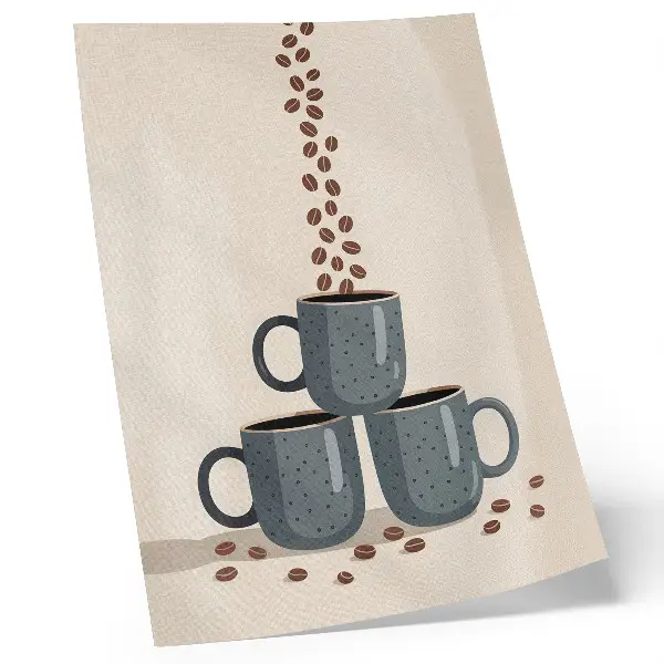 Póster con tazas grises sobre un fondo color crema con granos de café