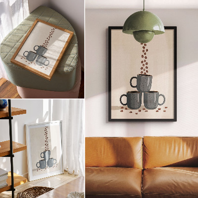 Póster Tazas grises y un fondo color crema con granos de café.
