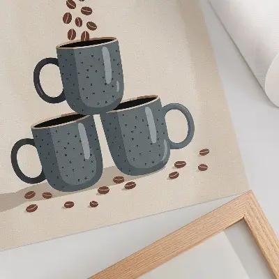 Póster con tazas grises sobre un fondo color crema con granos de café