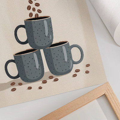 Póster Tazas grises y un fondo color crema con granos de café.