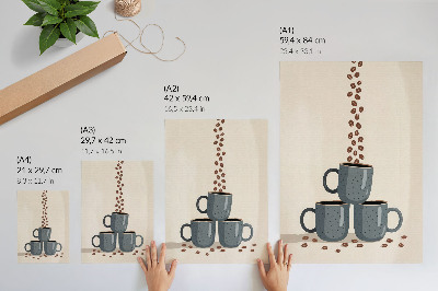 Póster Tazas grises y un fondo color crema con granos de café.