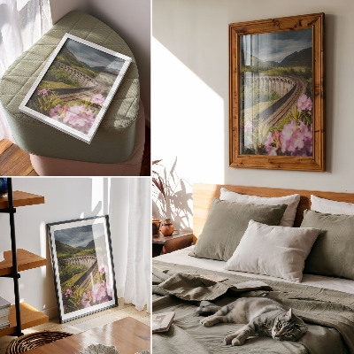 Póster con colores saturados Viaducto de piedra, colinas verdes, flores en tonos pastel