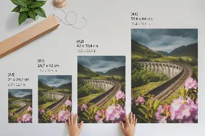 Póster de viaducto de piedra con colinas verdes y flores en tonos pastel