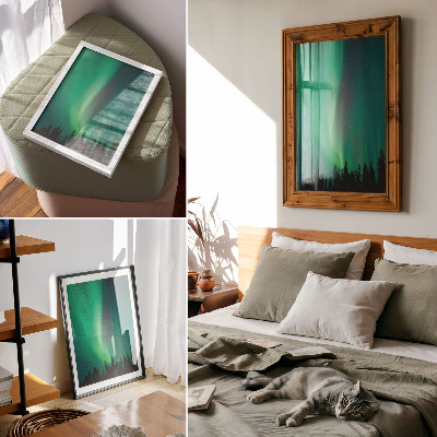 Lienzo decorativo moderno Aurora, árboles verdes, noche, naturaleza mágica