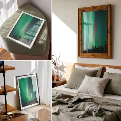 Lienzo decorativo moderno paisaje de árboles verdes en una noche de naturaleza mágica aurora