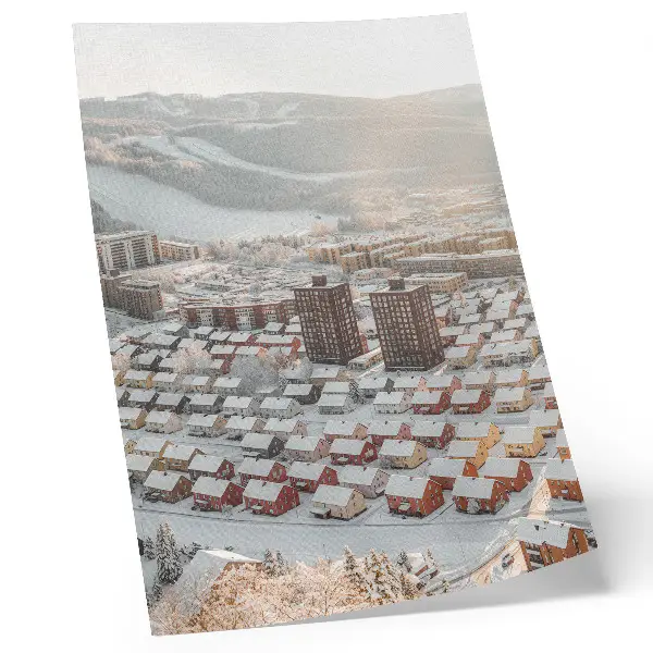 Paisaje invernal con casas cubiertas de nieve póster con colores saturados