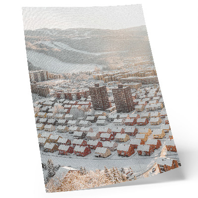 Póster con colores saturados Paisaje invernal con casas cubiertas de nieve