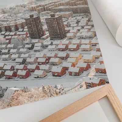 Paisaje invernal con casas cubiertas de nieve póster con colores saturados