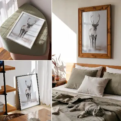Lienzo decorativo moderno con diseño de renos en paisaje invernal y tonos cálidos