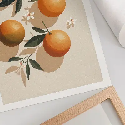 Lámina artística de alta calidad con naranjas jugosas, hojas verdes y flores blancas