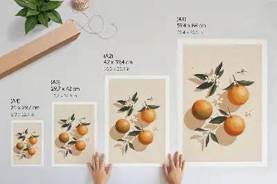 Lámina artística de alta calidad con naranjas jugosas, hojas verdes y flores blancas