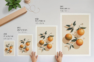 Lámina artística de alta calidad Naranjas jugosas, hojas verdes, flores blancas