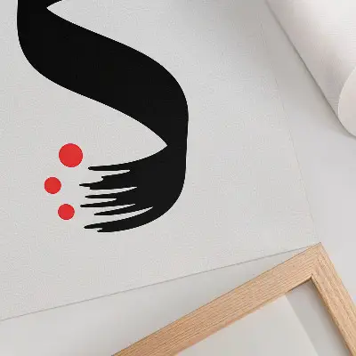 Póster con círculo rojo y forma negra sobre fondo claro diseño con colores saturados