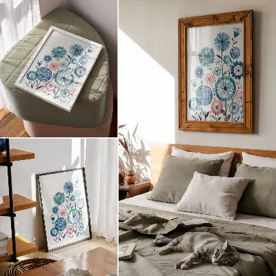 Póster de flores azules modernas con colores saturados sobre fondo blanco
