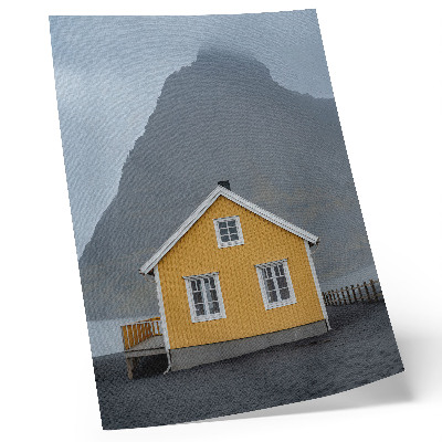 Póster de paisaje minimalista diseño de casa amarilla en las montañas con estética sencilla y pacífica