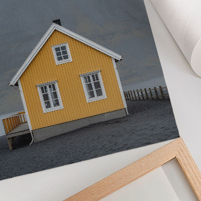 Póster de paisaje minimalista diseño de casa amarilla en las montañas con estética sencilla y pacífica