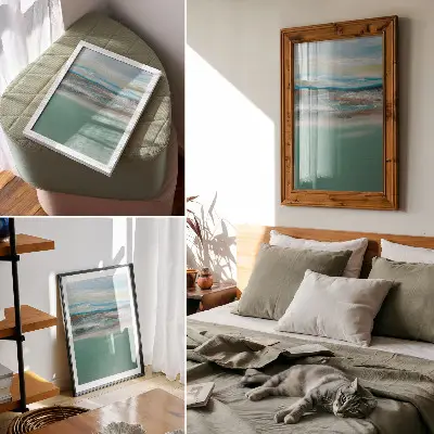 Lienzo decorativo moderno con diseño abstracto en tonos crema y azul verdoso