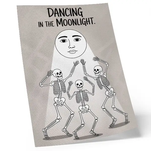 Póster esqueletos en blanco y negro sobre fondo lunar beige