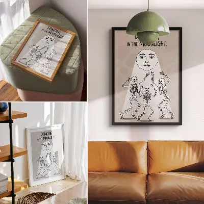 Póster esqueletos en blanco y negro sobre fondo lunar beige