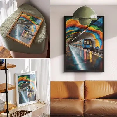 Lienzo decorativo moderno con diseño de colores vibrantes del arcoíris en el techo del metro