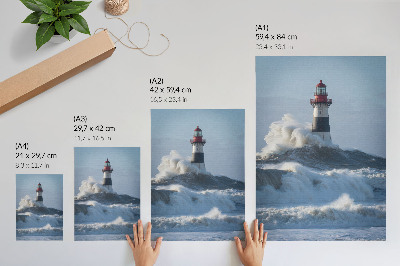 Póster Las olas golpeando el faro, alto contraste, el poder de la naturaleza.
