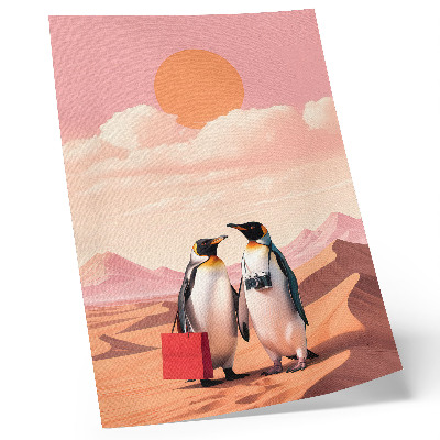 Póster con colores saturados Pingüinos en el desierto: un paisaje surrealista