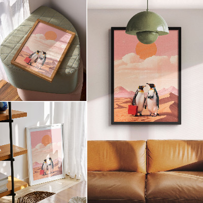 Póster con colores saturados Pingüinos en el desierto: un paisaje surrealista