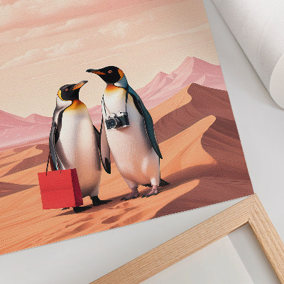 Póster con colores saturados Pingüinos en el desierto: un paisaje surrealista