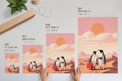Póster con colores saturados Pingüinos en el desierto: un paisaje surrealista